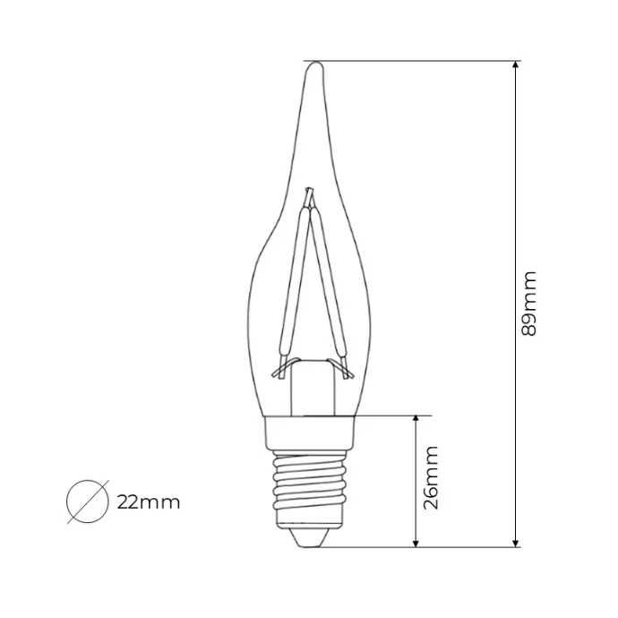 Zico Lighting French Candle C22 lamp outline with height 89mm and diameter 22mm
