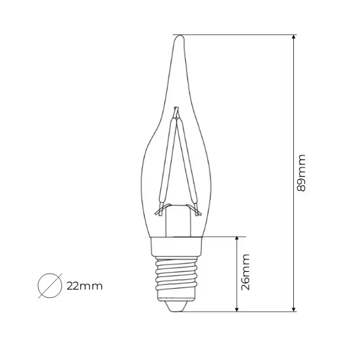 Zico Lighting C22 French Candle lamp outline with height 89mm and diameter 22mm