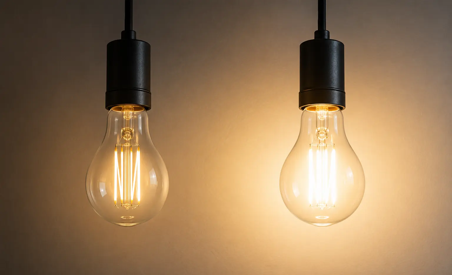 Two light bulbs with different brightness to demonstrate difference in lumen output