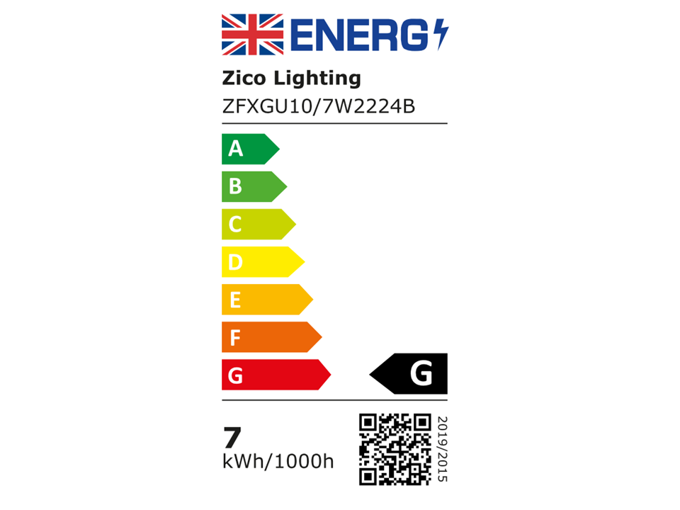 UK Energy Label for Zico Lighting GU10 Dimmable Spotlight 7W 2200K 24°