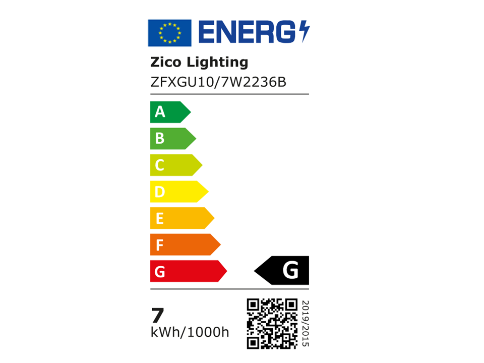EU Energy Label for Zico Lighting GU10 Dimmable Spotlight 7W 2200K 36°