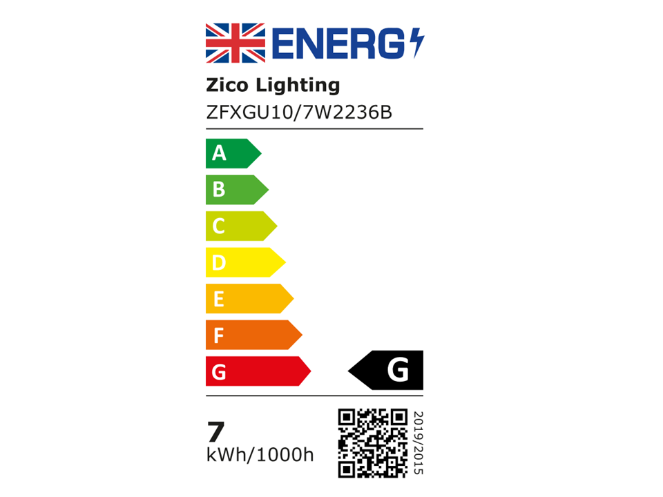 UK Energy Label for Zico Lighting GU10 Dimmable Spotlight 7W 2200K 36°