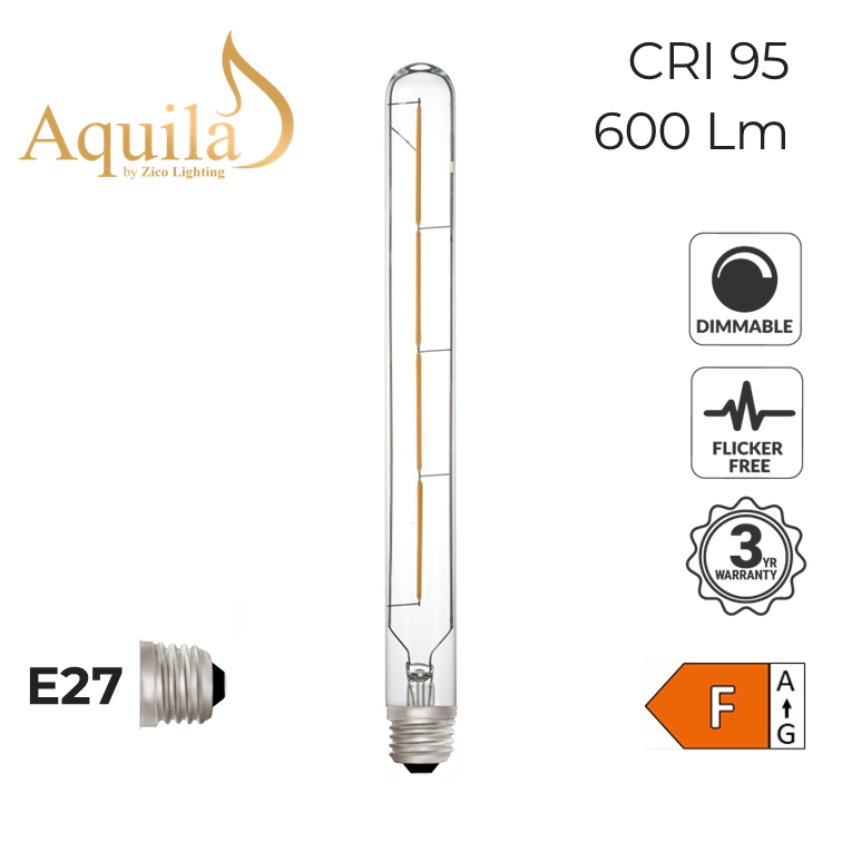 T30 Tube 300mm Clear Warm White Decorative LED Filament Bulb 6W 2700K E27