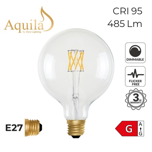 [ZIKG125/6W22E27C] G125 Globe Clear Vintage Warm Decorative LED Filament Bulb 6W 2200K E27