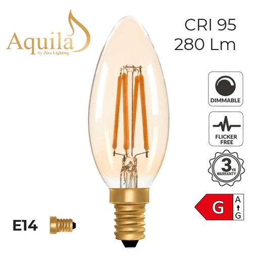 [ZL-C35/4W22E14A] C35 Candle Amber Ultra Warm Decorative LED Filament Bulb 4W 2000K E14
