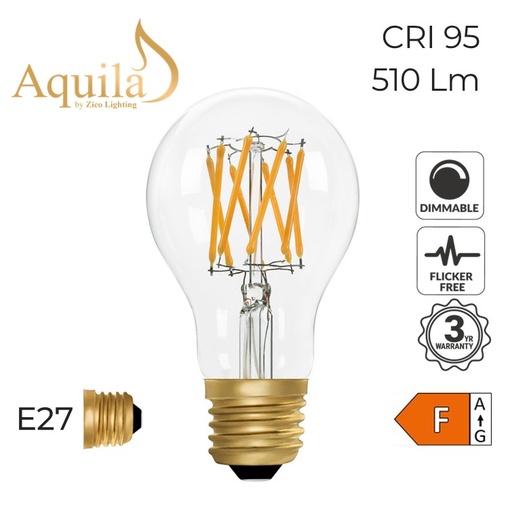 [ZL-A60/6W22E27C] A60 GLS Clear Vintage Warm Decorative LED Filament Bulb 6W 2200K E27