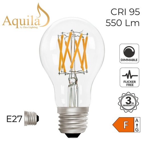 [ZL-A60/6W27E27C] A60 GLS Clear Warm White Decorative LED Filament Bulb 6W 2700K E27