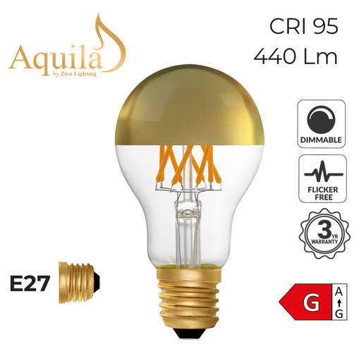 [ZL-A60/6W22E27G] A60 GLS Gold Mirrored Vintage Warm Decorative LED Filament Bulb 6W 2200K E27