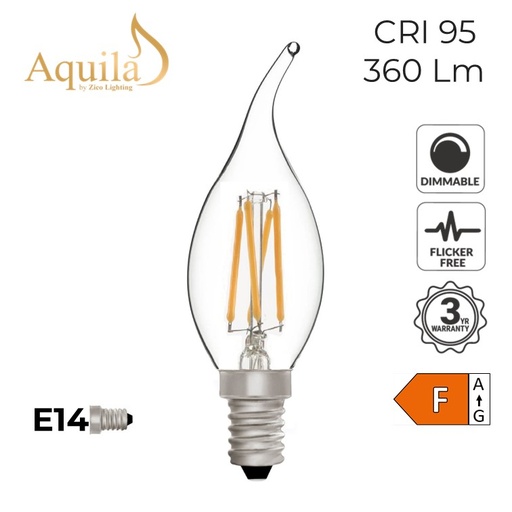 [ZL-C35FT/4W27E14C] Flame Tip Candle C35 Clear 4W 2700K E14 Light Bulb