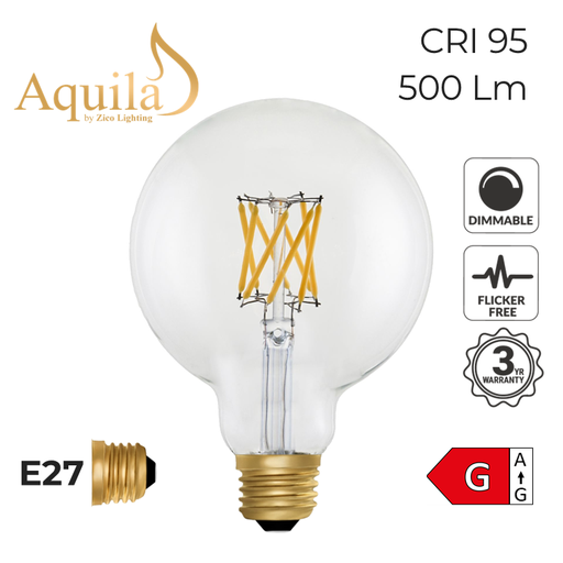 [ZL-G95/6W22E27C] G95 Globe Clear Vintage Warm Decorative LED Filament Bulb 6W 2200K E27