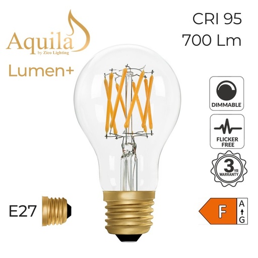 [ZL-A60/8W22E27C] A60 GLS Clear Vintage Warm Decorative LED Filament Bulb Lumen+ 8W 2200K E27